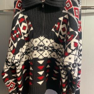 Shyanne Black, White & Red Geometric Zip-Front Turtleneck Sweater